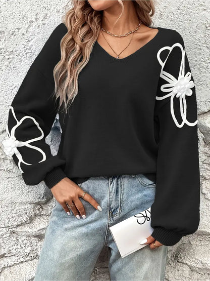 Pull à Col en V avec Broderie Florale pour Femme | Idéal pour un Usage Quotidien