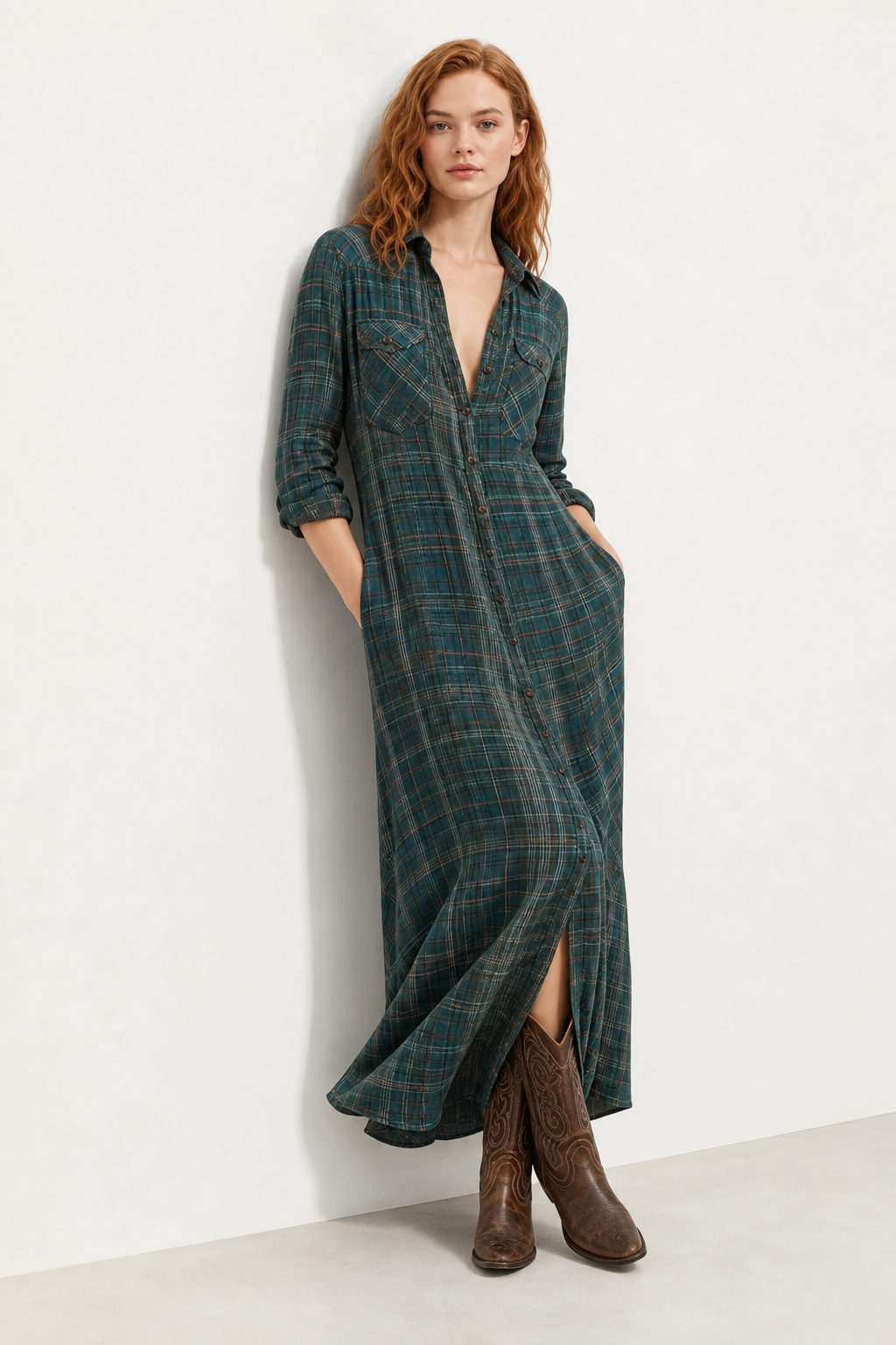 Robe maxi à carreaux avec col chemise pour femmes