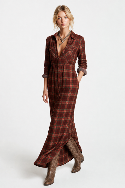 Robe maxi à carreaux avec col chemise pour femmes