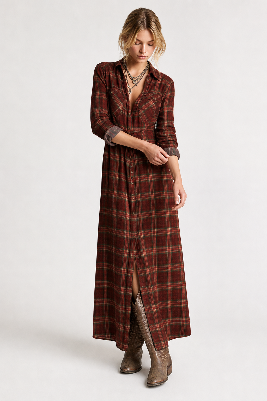 Robe maxi à carreaux avec col chemise pour femmes