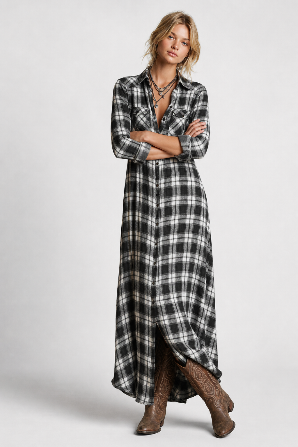 Robe maxi à carreaux avec col chemise pour femmes