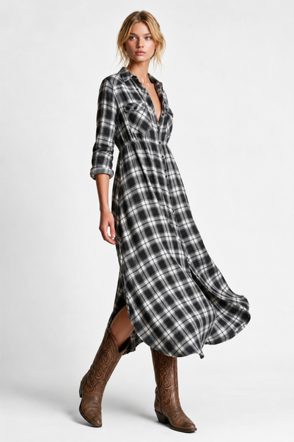 Robe maxi à carreaux avec col chemise pour femmes