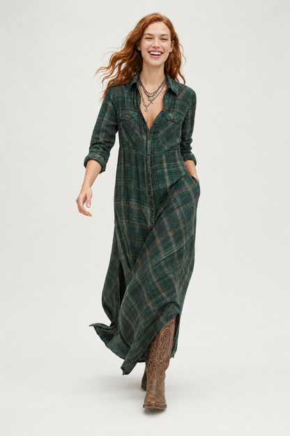 Robe maxi à carreaux avec col chemise pour femmes