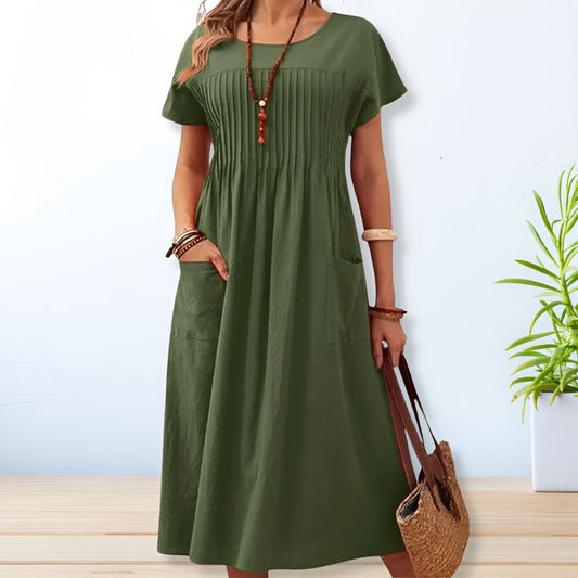 Robe Midi Ample Plissée avec Manches pour Femme | Idéale pour la Saison Estivale et les Occasions Décontractées