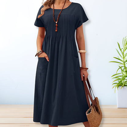 Robe Midi Ample Plissée avec Manches pour Femme | Idéale pour la Saison Estivale et les Occasions Décontractées