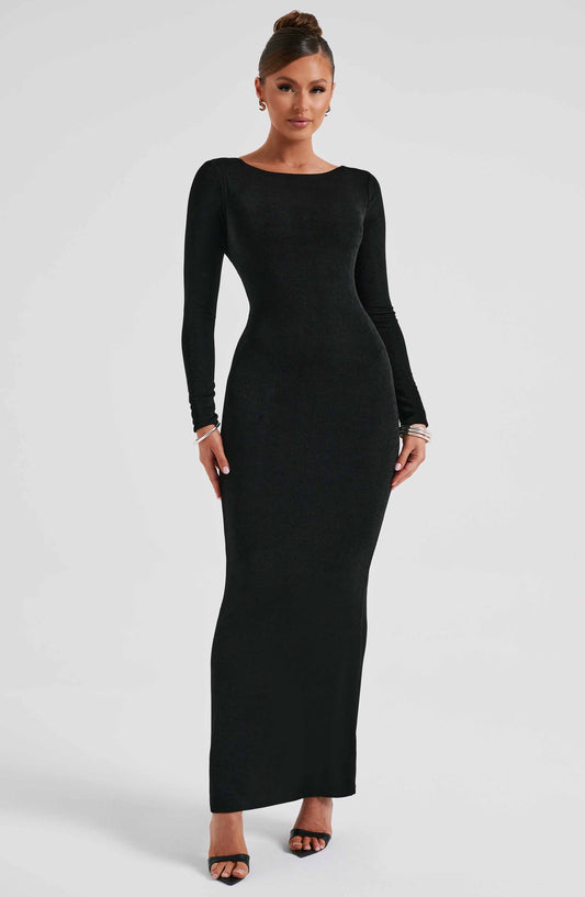 Robe Longue Moulante Avec Encolure Bateau Et Manches Longues Pour Femme | Idéale Pour Des Soirées