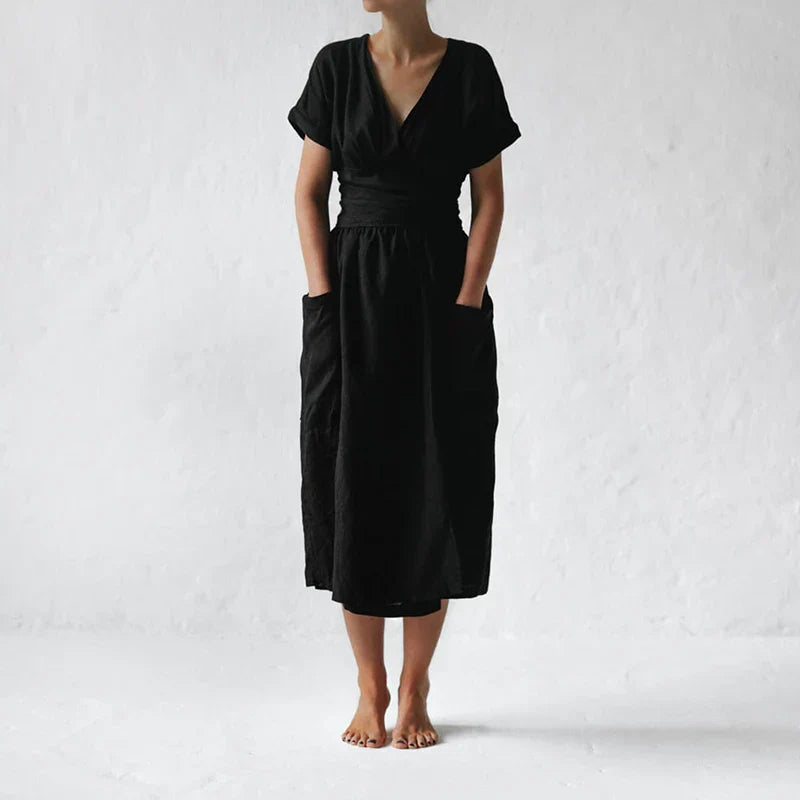 Robe Portefeuille En Lin Avec Ceinture Ajustable Et Manches Courtes Pour Femmes | Adaptée Aux Tenues Quotidiennes