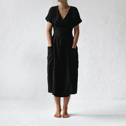 Robe Portefeuille En Lin Avec Ceinture Ajustable Et Manches Courtes Pour Femmes | Adaptée Aux Tenues Quotidiennes
