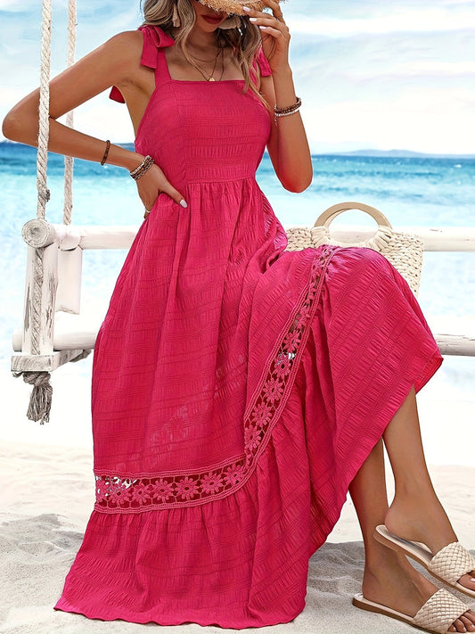 Robe Longue Rouge avec Détails en Dentelle et Nœuds pour Femmes | Idéale pour les Occasions Spéciales