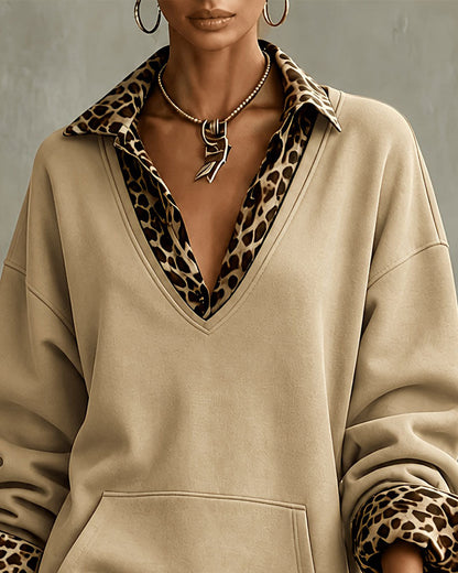 Robe sweatshirt col en V imprimé léopard pour femmes