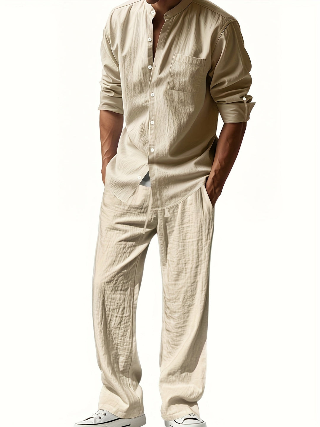 Ensemble Deux Pièces avec Col Mao et Taille Élastique pour Homme | Idéal pour la Saison Chaude