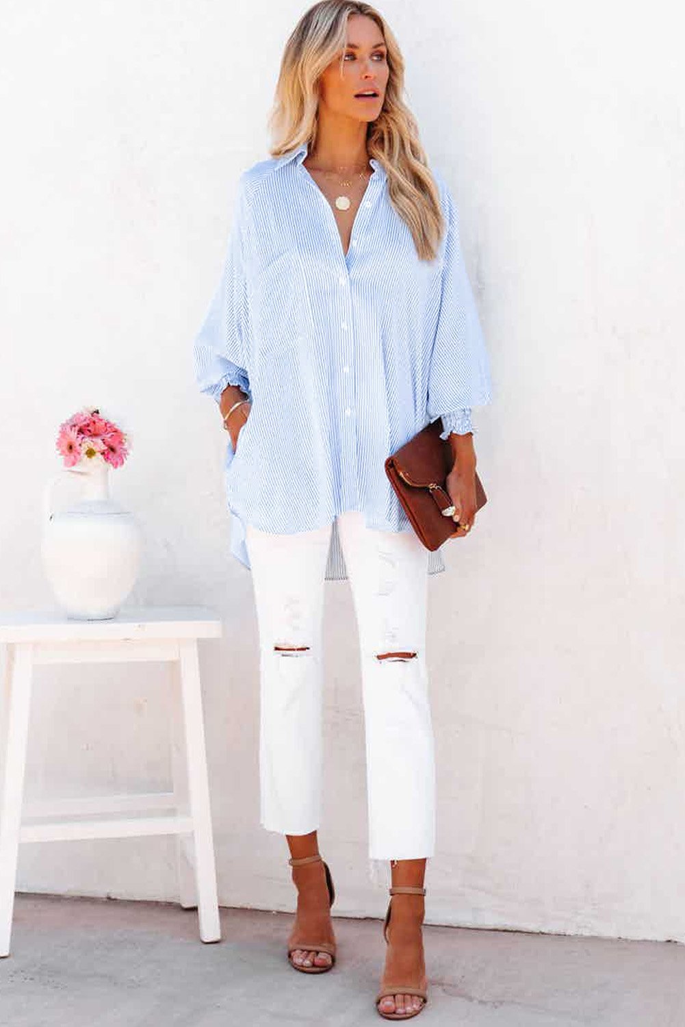 Chemise Mi-Longue Avec Col À Revers Rayé Et Manches Oversize Resserées Pour Femme | Idéale Pour Le Printemps Et L’Été