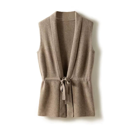 Gilet sans manches à col V en maille côtelée avec ceinture à nouer pour femme | Idéal pour l’automne