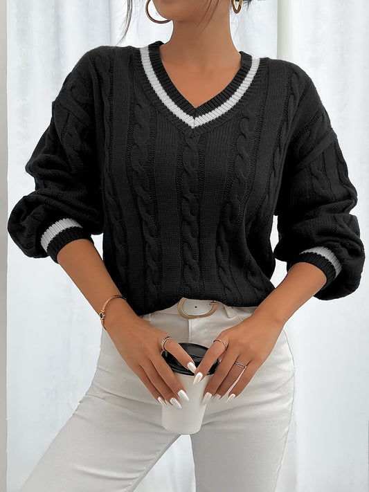 Pull à Manches Longues avec Motif Torsadé et Col V pour Femmes | Idéal pour l’Hiver et l’Automne