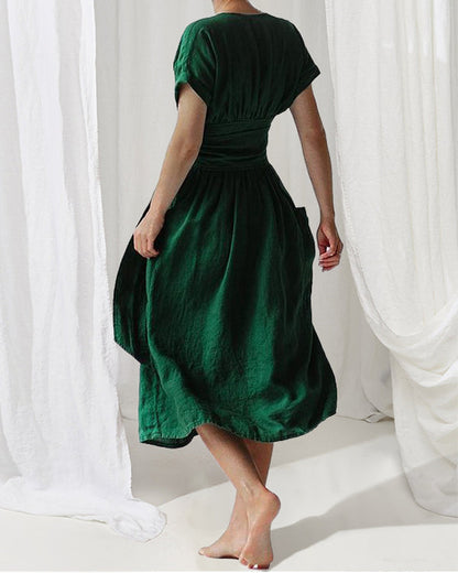 Robe Portefeuille En Lin Avec Ceinture Ajustable Et Manches Courtes Pour Femmes | Adaptée Aux Tenues Quotidiennes
