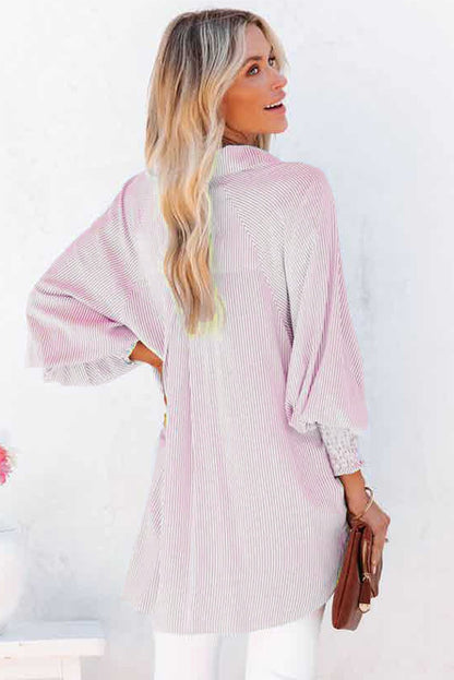 Chemise Mi-Longue Avec Col À Revers Rayé Et Manches Oversize Resserées Pour Femme | Idéale Pour Le Printemps Et L’Été