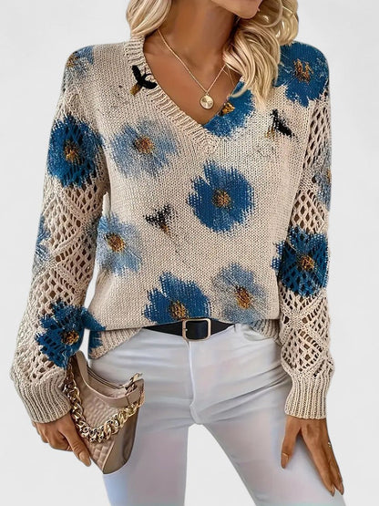 Pull À Motif Floral Avec Col En V Et Manches Longues Pour Femmes | Idéal Pour Le Quotidien