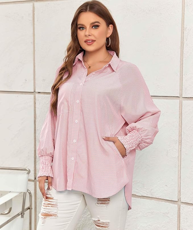 Chemise Mi-Longue Avec Col À Revers Rayé Et Manches Oversize Resserées Pour Femme | Idéale Pour Le Printemps Et L’Été