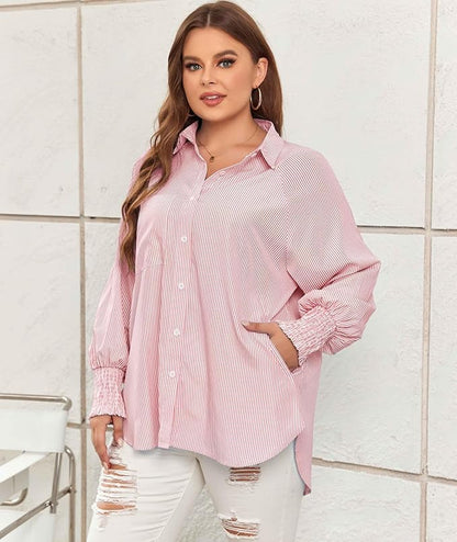 Chemise Mi-Longue Avec Col À Revers Rayé Et Manches Oversize Resserées Pour Femme | Idéale Pour Le Printemps Et L’Été