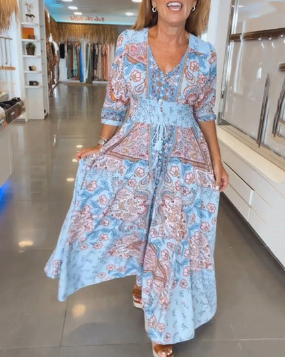 Robe Maxi À Motif Floral Avec Col En V Pour Femme | Idéale Pour L'Été Et Les Sorties Décontractées