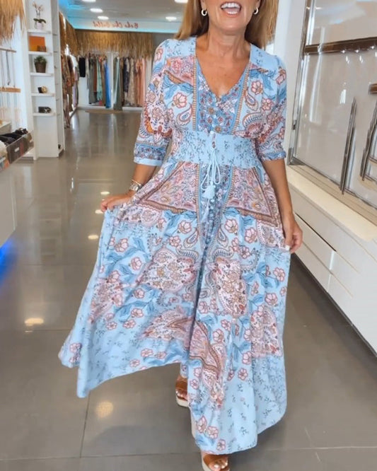 Robe Maxi À Motif Floral Avec Col En V Pour Femme | Idéale Pour L'Été Et Les Sorties Décontractées