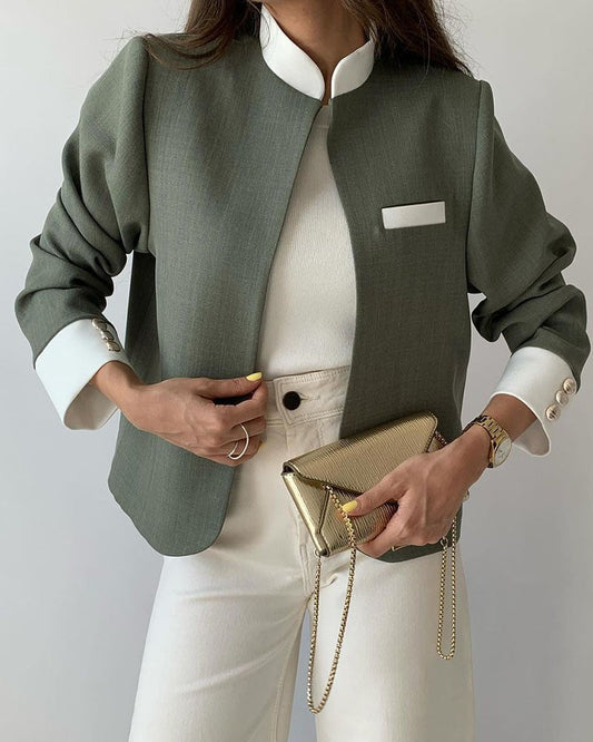 Blazer Court Bicolore À Col Montant Pour Femmes | Idéal Pour Le Travail Et Les Tenues Quotidiennes