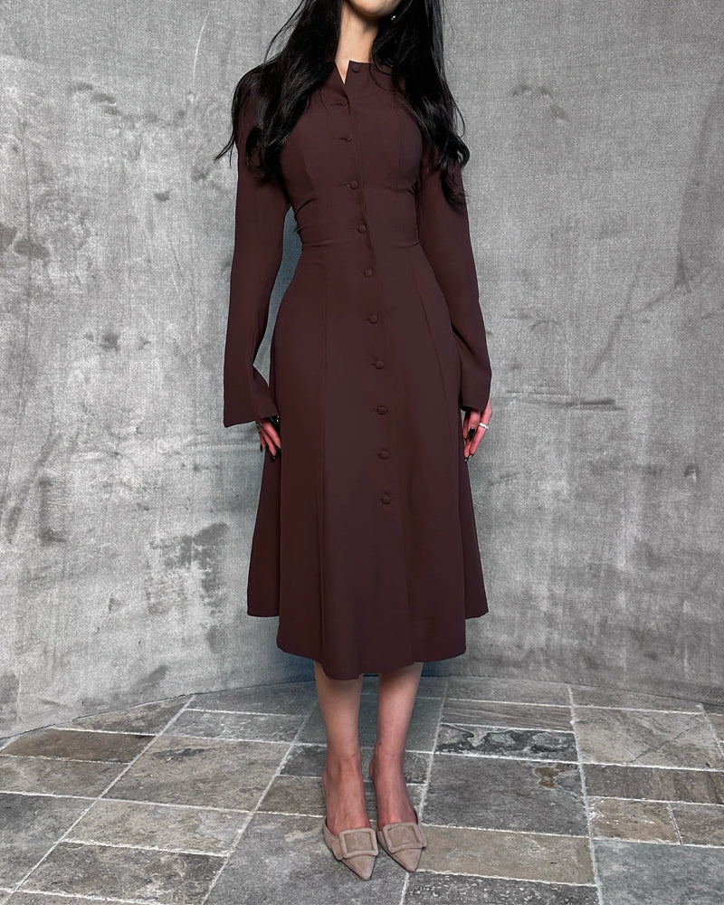 Robe Midi Boutonnée Avec Taille Cintrée Et Manches Longues Pour Femmes | Adaptée Aux Tenues Quotidiennes