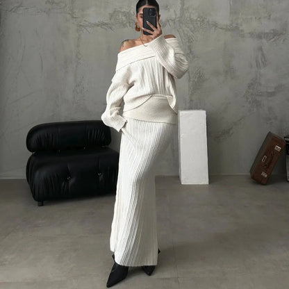 Ensemble Deux Pièces avec Pull Off-Shoulder et Jupe Ajustée pour Femme | Idéal pour Occasions Quotidiennes et Sorties