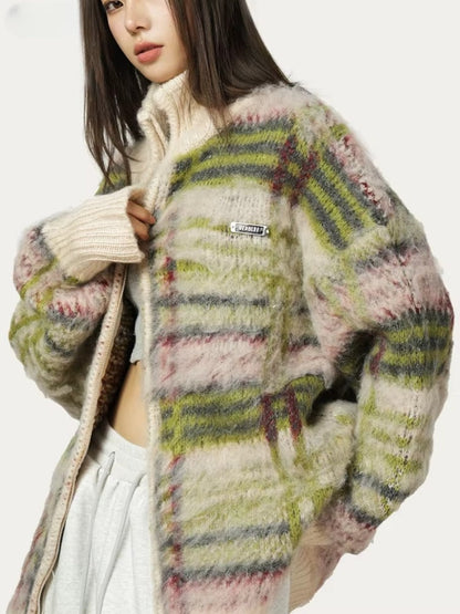 Cardigan zippé à col montant et motif multicolore pour femmes