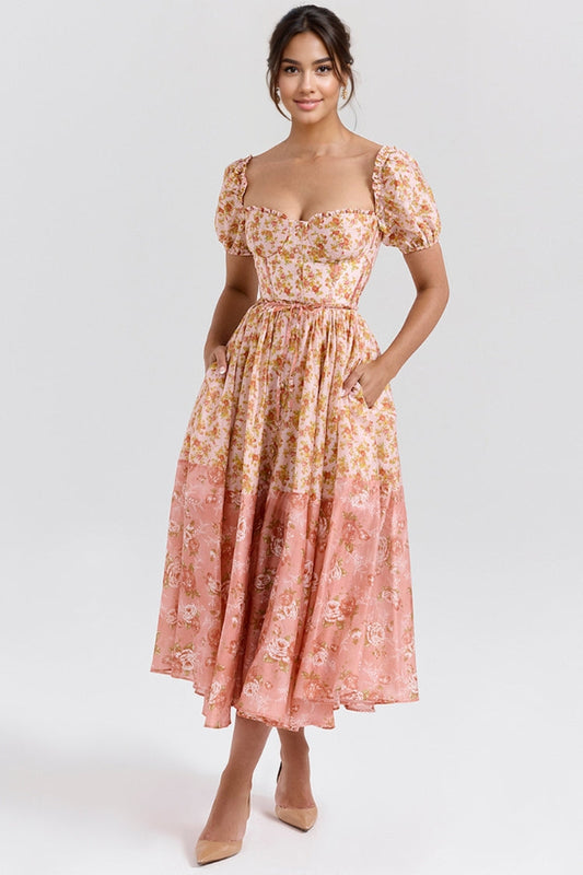 Robe À Motif Floral Avec Coupe Ajustée Et Manches Bouffantes Pour Femme | Idéal Pour Usage Quotidien Et Occasions
