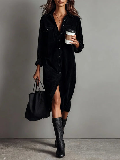 Robe Midi Boutonnée avec Poches Poitrine pour Femme | Idéale pour Usage Quotidien et Occasions Décontractées