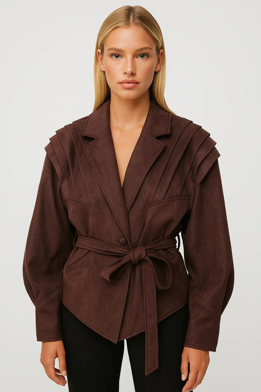 Blazer ceinturé à épaules plissées pour femmes