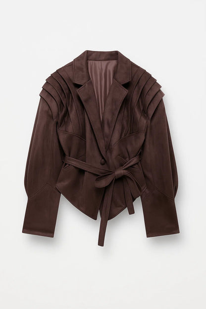 Blazer ceinturé à épaules plissées pour femmes