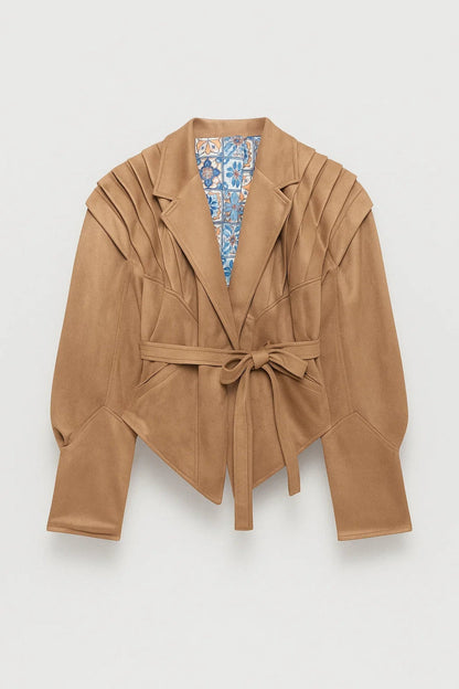 Blazer ceinturé à épaules plissées pour femmes