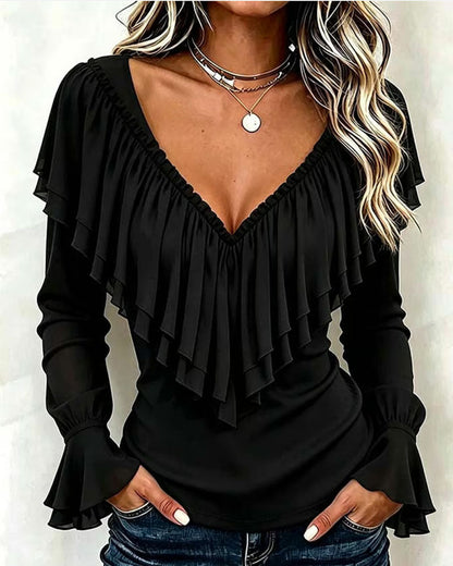 Blouse à volants et manches longues pour femmes
