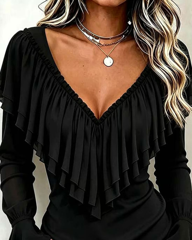 Blouse à volants et manches longues pour femmes