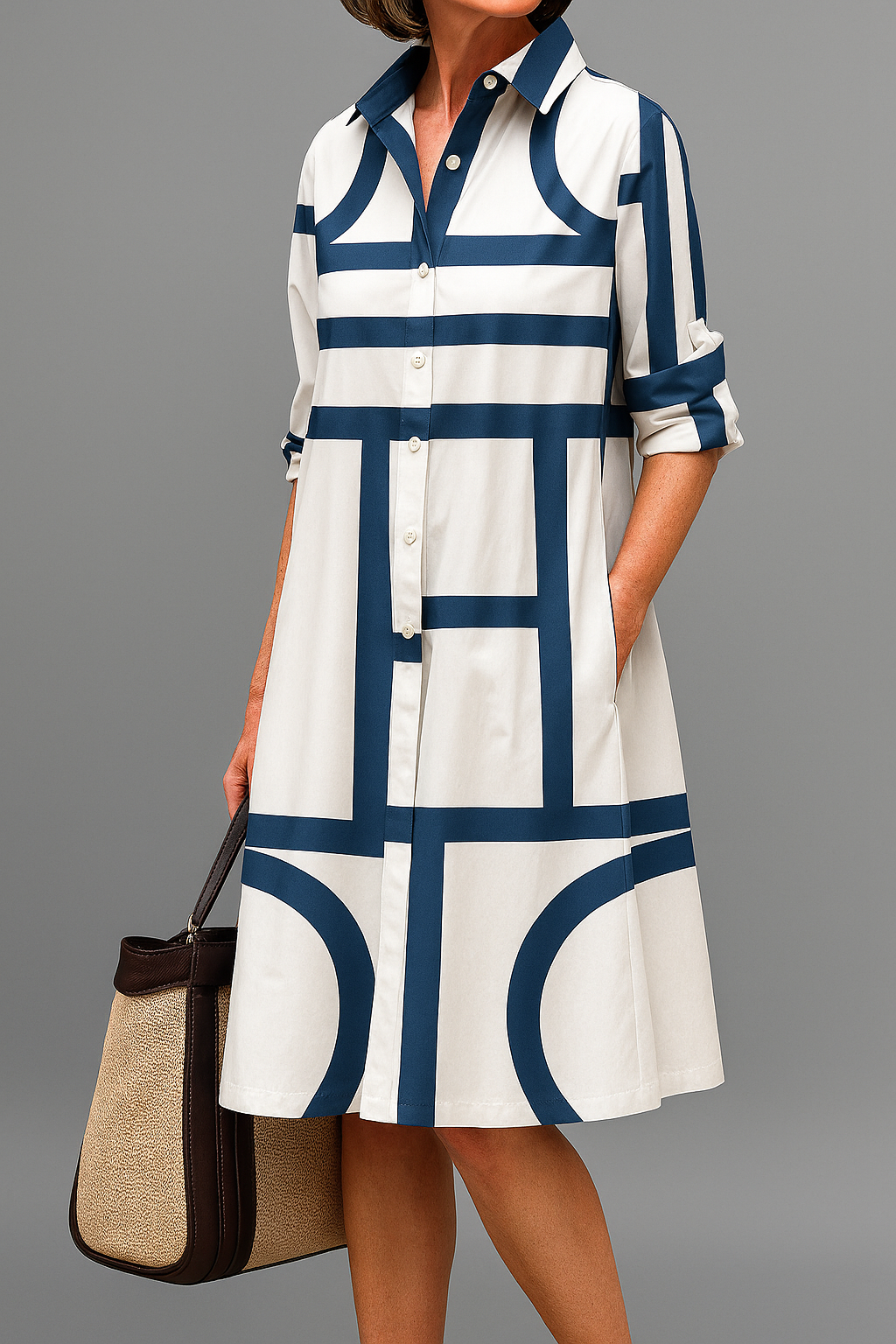 Robe Chemise Midi à Motif Géométrique pour Femme | Idéale pour Occasions Quotidiennes et Professionnelles