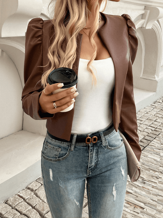 Blazer Court Sans Col Effet Cuir pour Femmes | Ideal for Mi-Saison et Usage Quotidien