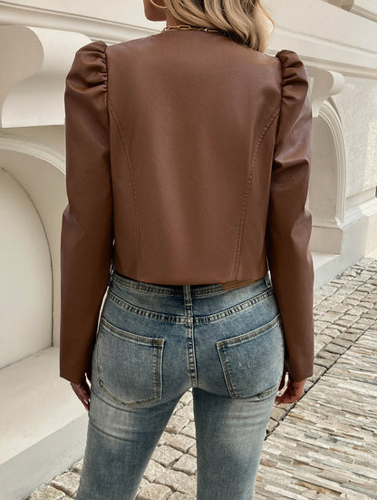 Blazer Court Sans Col Effet Cuir pour Femmes | Ideal for Mi-Saison et Usage Quotidien