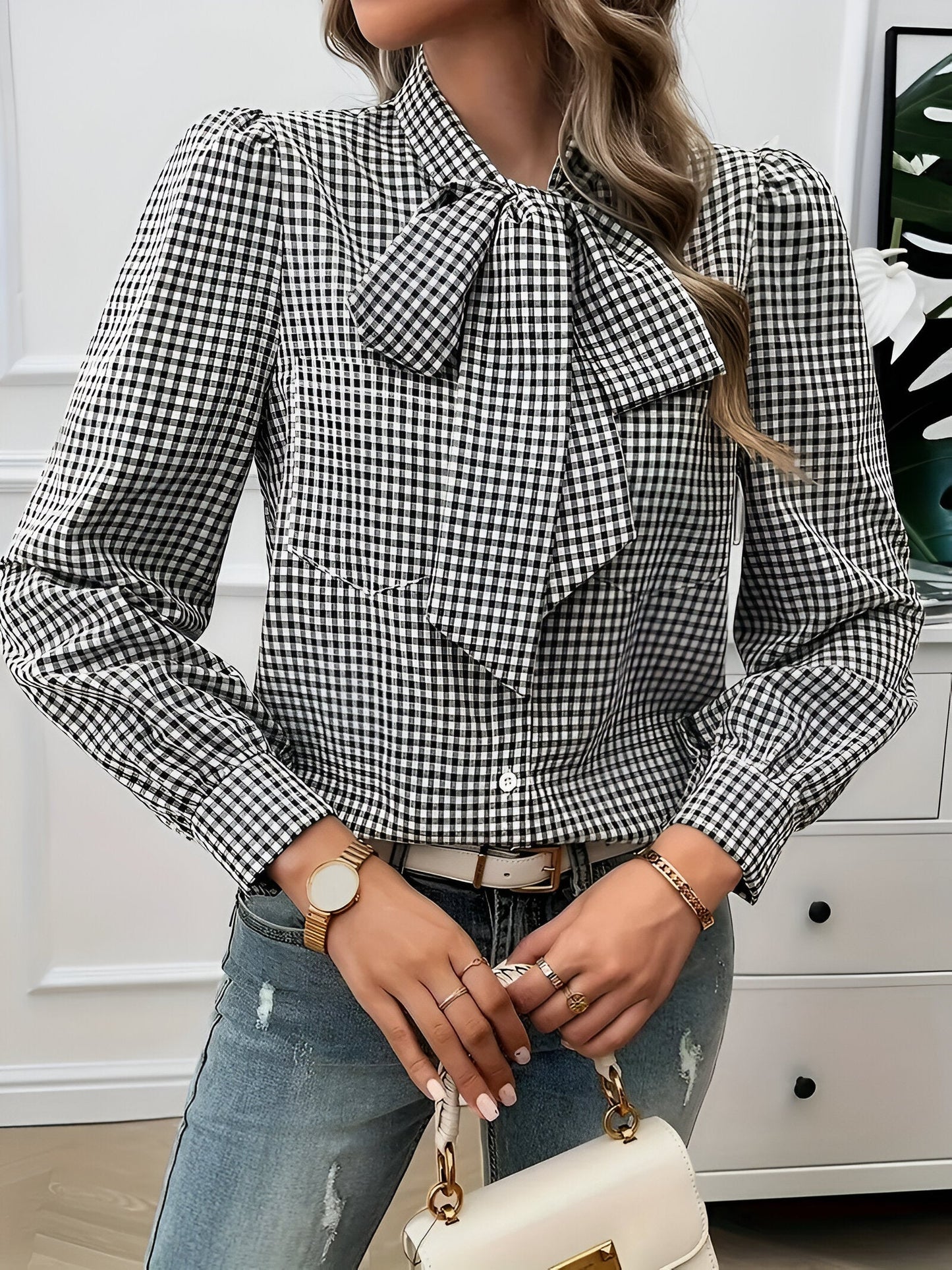 Blouse à Carreaux avec Détail Nœud pour Femme | Idéale pour Usage Quotidien et Bureau