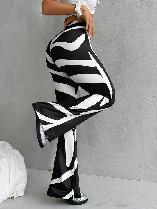Pantalon Femme Évasé à Taille Haute avec Motif Abstrait | Idéal pour un Usage Quotidien