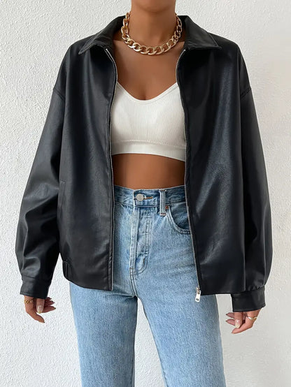 Veste À Effet Cuir Avec Fermeture Zippée Et Col Chemise Pour Femme | Idéale Pour Les Sorties Urbaines Et La Mi-Saison