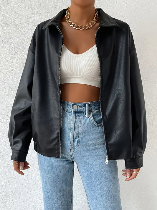Veste À Effet Cuir Avec Fermeture Zippée Et Col Chemise Pour Femme | Idéale Pour Les Sorties Urbaines Et La Mi-Saison