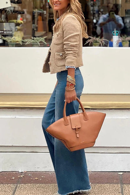 Veste Boutonnée à Col Rond avec Finitions Effilochées pour Femme | Idéale pour la Mi-Saison ou les Sorties Décontractées