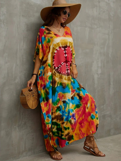 Caftan Long Coloré avec Motif Peace pour Femme | Idéal pour l’Été