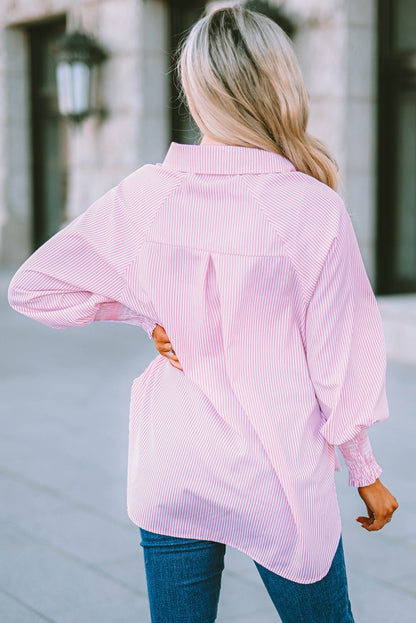 Chemise Mi-Longue Avec Col À Revers Rayé Et Manches Oversize Resserées Pour Femme | Idéale Pour Le Printemps Et L’Été