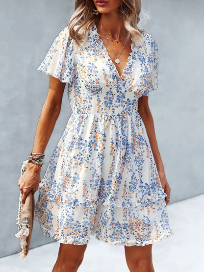 Robe Courte Fleurie à Décolleté en V Croisé et Manches Volantes pour Femme | Idéale pour les Sorties d’Été