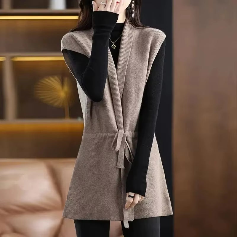 Gilet sans manches à col V en maille côtelée avec ceinture à nouer pour femme | Idéal pour l’automne