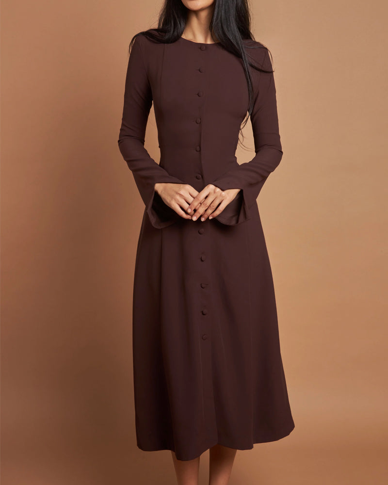 Robe Midi Boutonnée Avec Taille Cintrée Et Manches Longues Pour Femmes | Adaptée Aux Tenues Quotidiennes