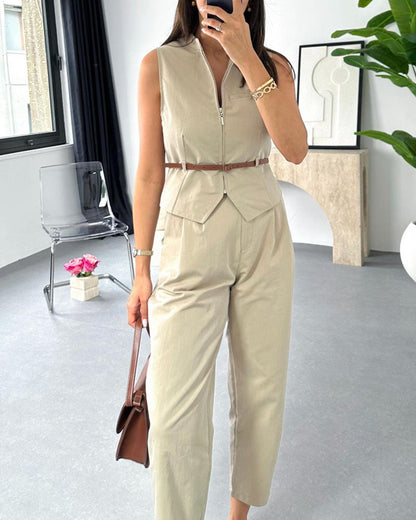 Combinaison Sans Manches avec Col Montant et Ceinture à la Taille pour Femmes | Idéal pour Tenues Quotidiennes